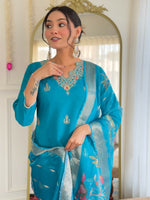 Thumbnail for The52 Blue Women's Gorgeous Viscose Fabric Embroidered Work Straight Kurta, Pant and Dupatta Set - Distacart