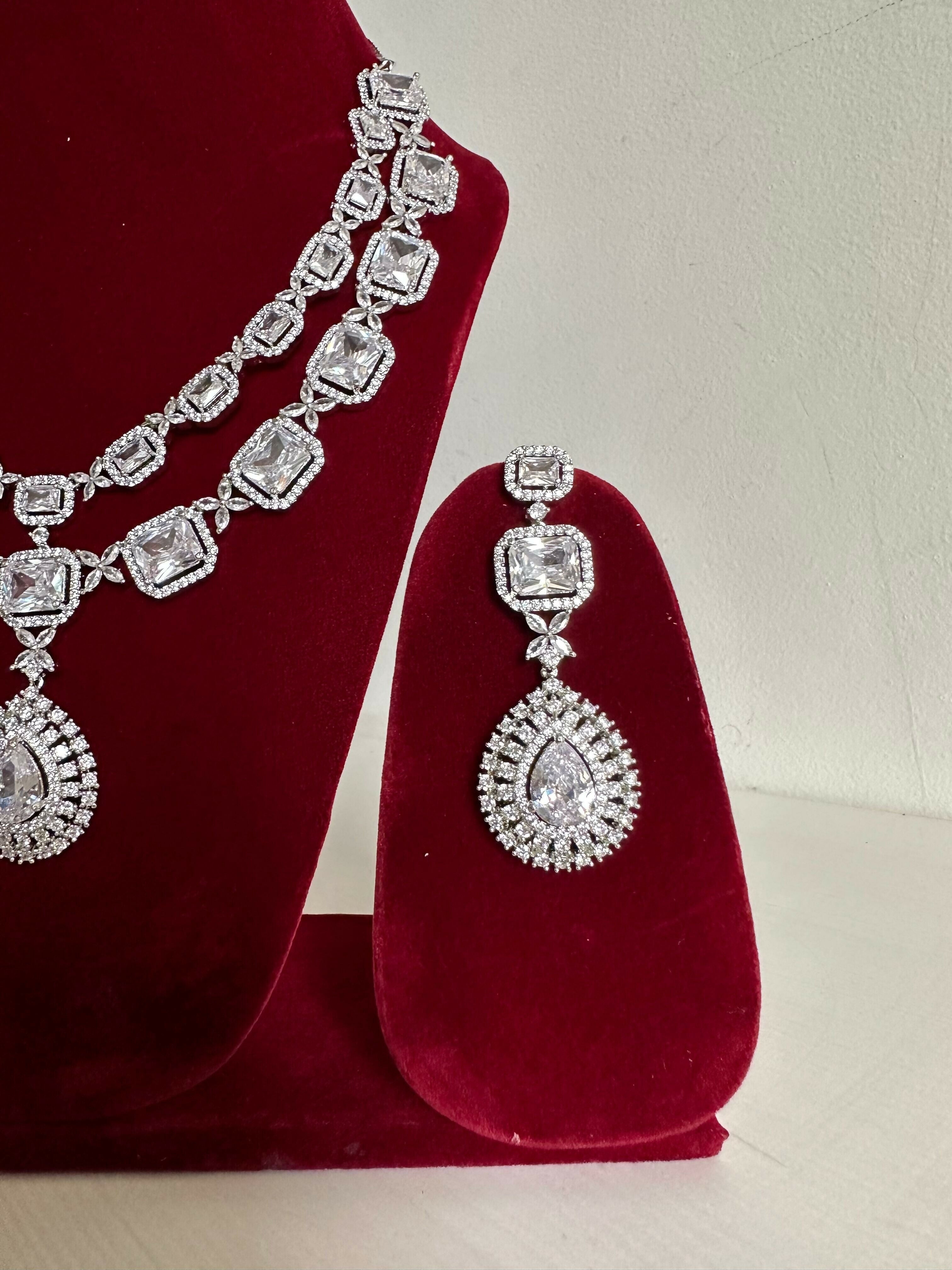 Siver American Diamond Two Layer Elegent Necklace Set With Earrings By House of Ree - Distacart