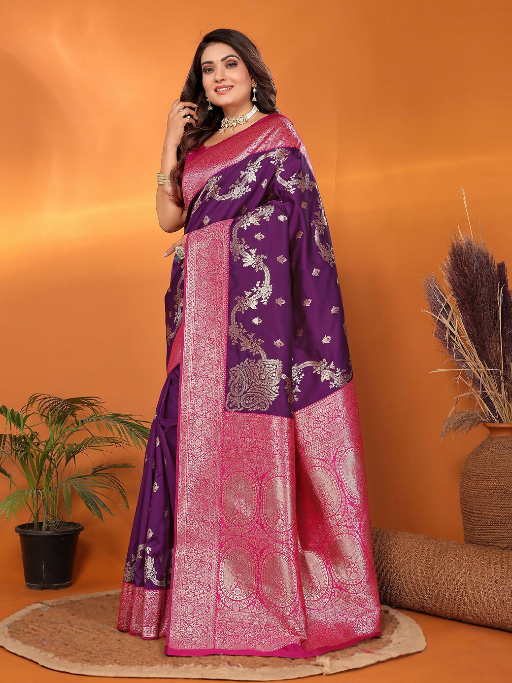 Joban Fashion Banarasi Plum Woven Soft Silk Saree