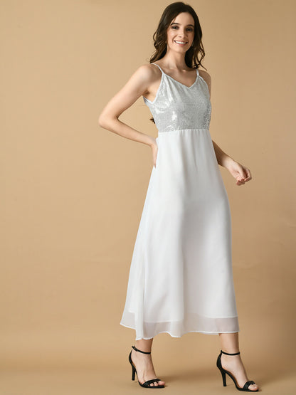 Myshka Women's White Solid Georgette Party Dress - Distacart