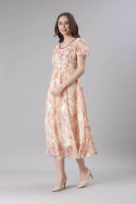 Thumbnail for Souchii Cream & Red Floral Printed Fit & Flare Dress
