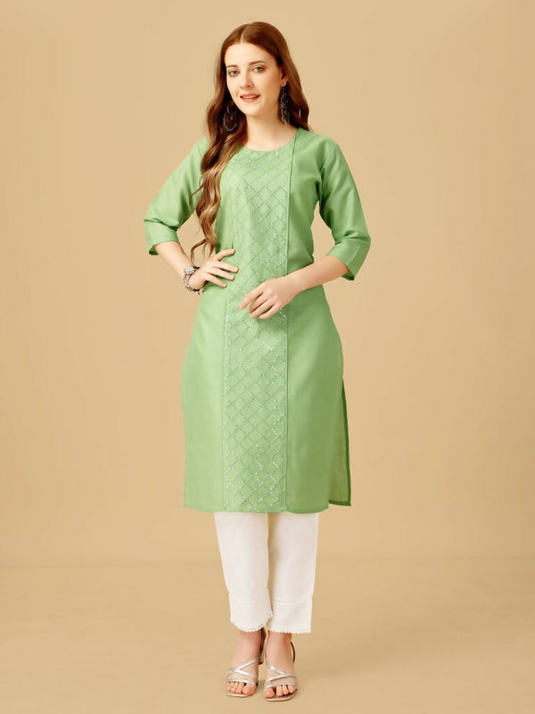 Jyoti Fashion Women's Lime Green Cotton Blend Embroidered Kurta Pant Set - Distacart