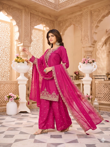 Teeya Creation Womens New Stylish Silk Embroidered Sharara Suit With Golden Zari Work And Lace Border Dupatta - Dista