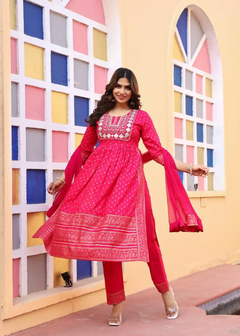 Alvano Women's A-line Naira Cut Embroidery work Print Kurti with Pant and Dupatta set Rayon (Red) - Distacart