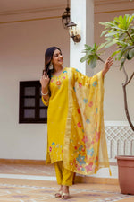 Thumbnail for The52 Yellow Women's Gorgeous Embroidered work Viscose Gadhwal Fabric Straight Kurta, Pant and Dupatta Set - Distacart