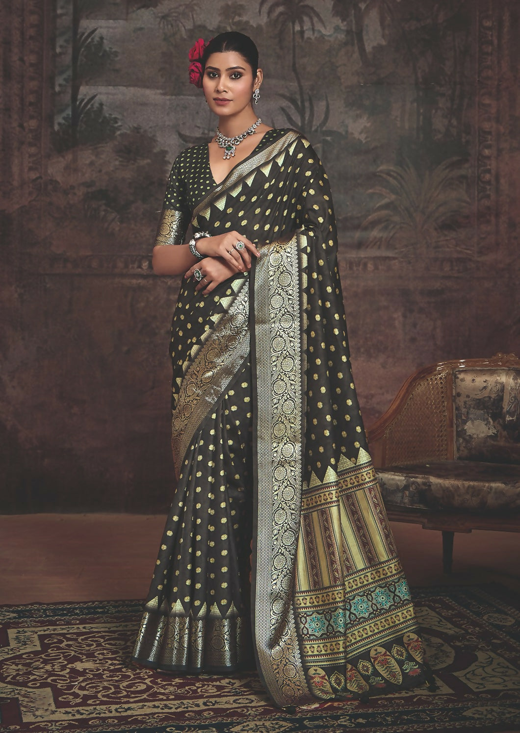 Joban Fashion Black Art Silk With Fine Viscose Border Ajrak Full Body Print With Soft Finish Saree