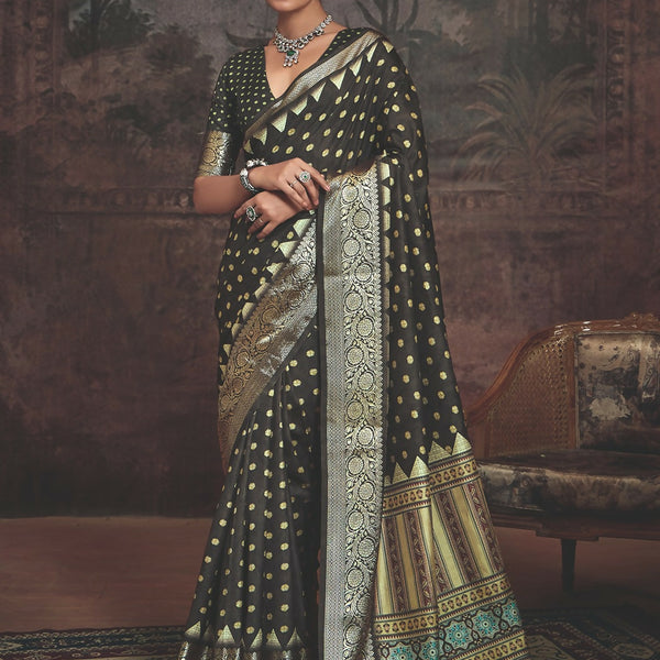 Joban Fashion Black Art Silk With Fine Viscose Border Ajrak Full Body Print With Soft Finish Saree