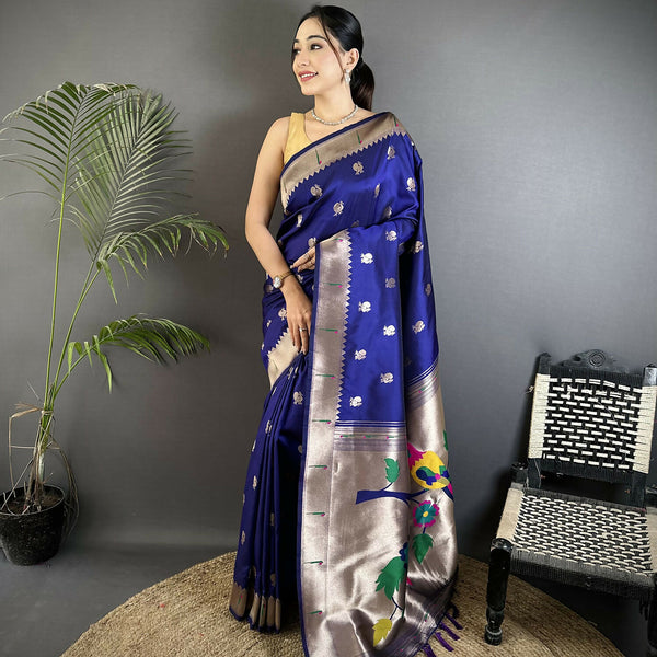 Joban Fashion Royal Blue Peacock & Floral Motifs Soft Silk Kanchipuram Saree - Distacart
