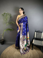 Thumbnail for Joban Fashion Royal Blue Peacock & Floral Motifs Soft Silk Kanchipuram Saree - Distacart
