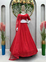 Thumbnail for Preksha Creation Red Foux Gorgette With Thread With Sequnce Women Lehanga Choli - Distacart