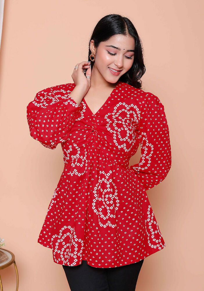 Miravan Womens Red Bandhani Printed Cotton Butterfly Design Top - Dista