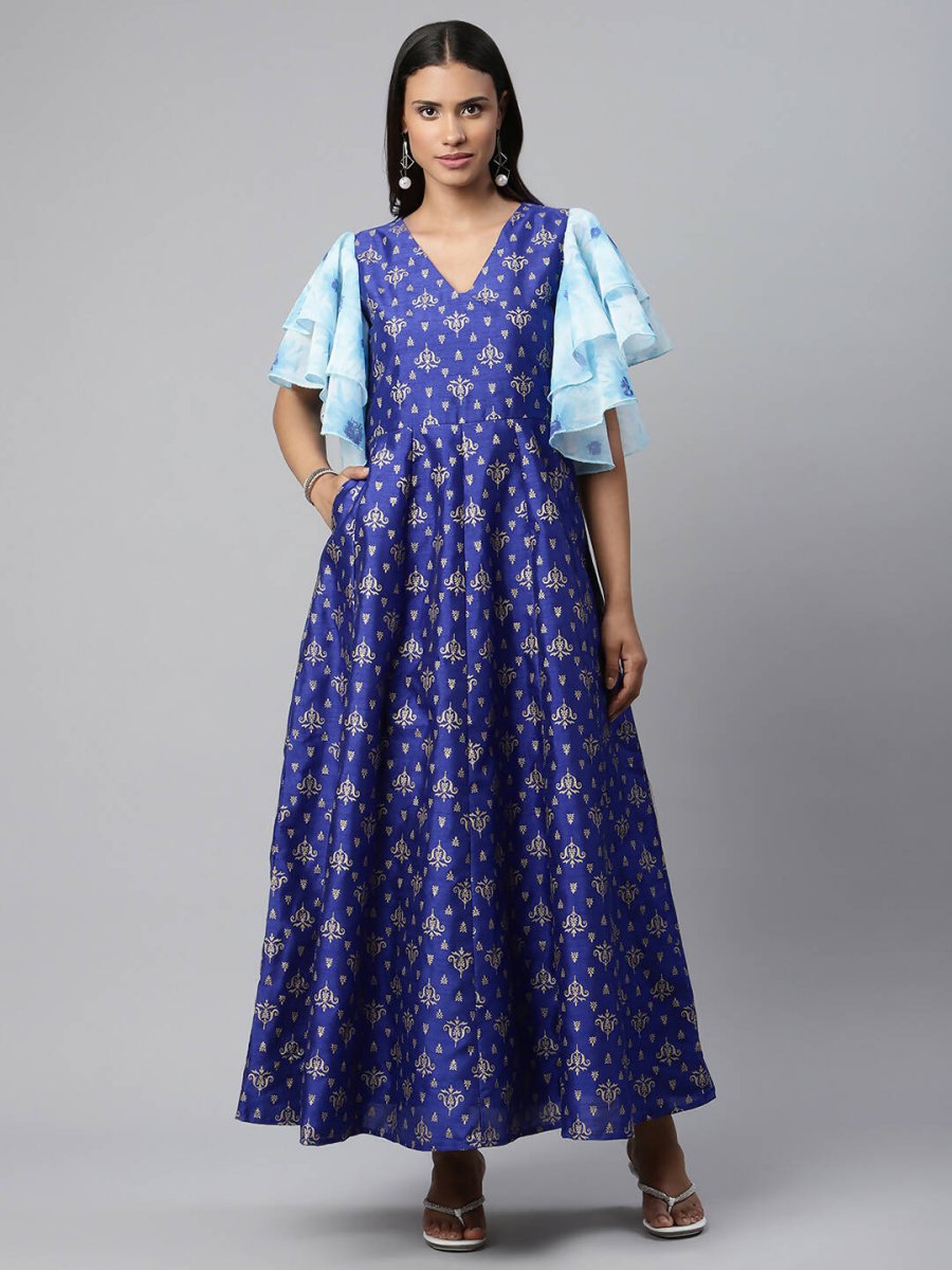 Ahalyaa Women Royal Blue Poly Silk Gold Paste Printed Dress - Distacart