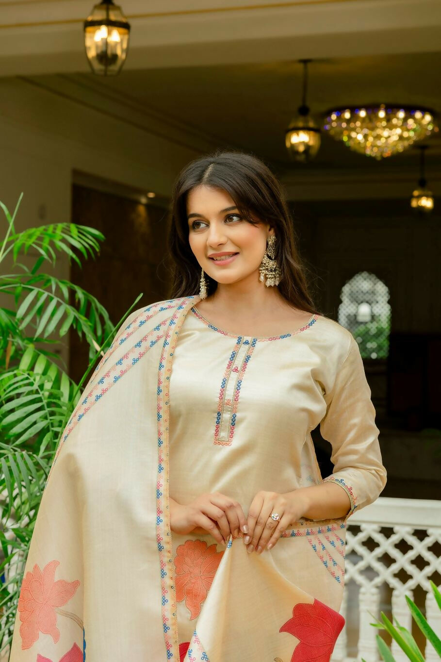 The52 Chiku Women's Beautiful Thread Work Viscose Assam Silk Fabric with Straight Kurta, Pant and Dupatta Set - Distacart