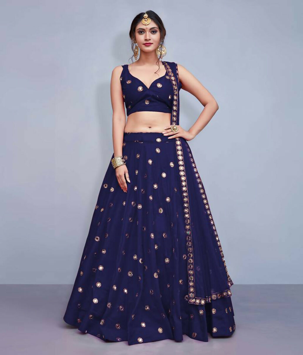 Jyoti Fashion Beautiful Navy Blue Embroidered with Mirror work Art Silk Party Wear Lehenga Choli with Dupatta - Distacart