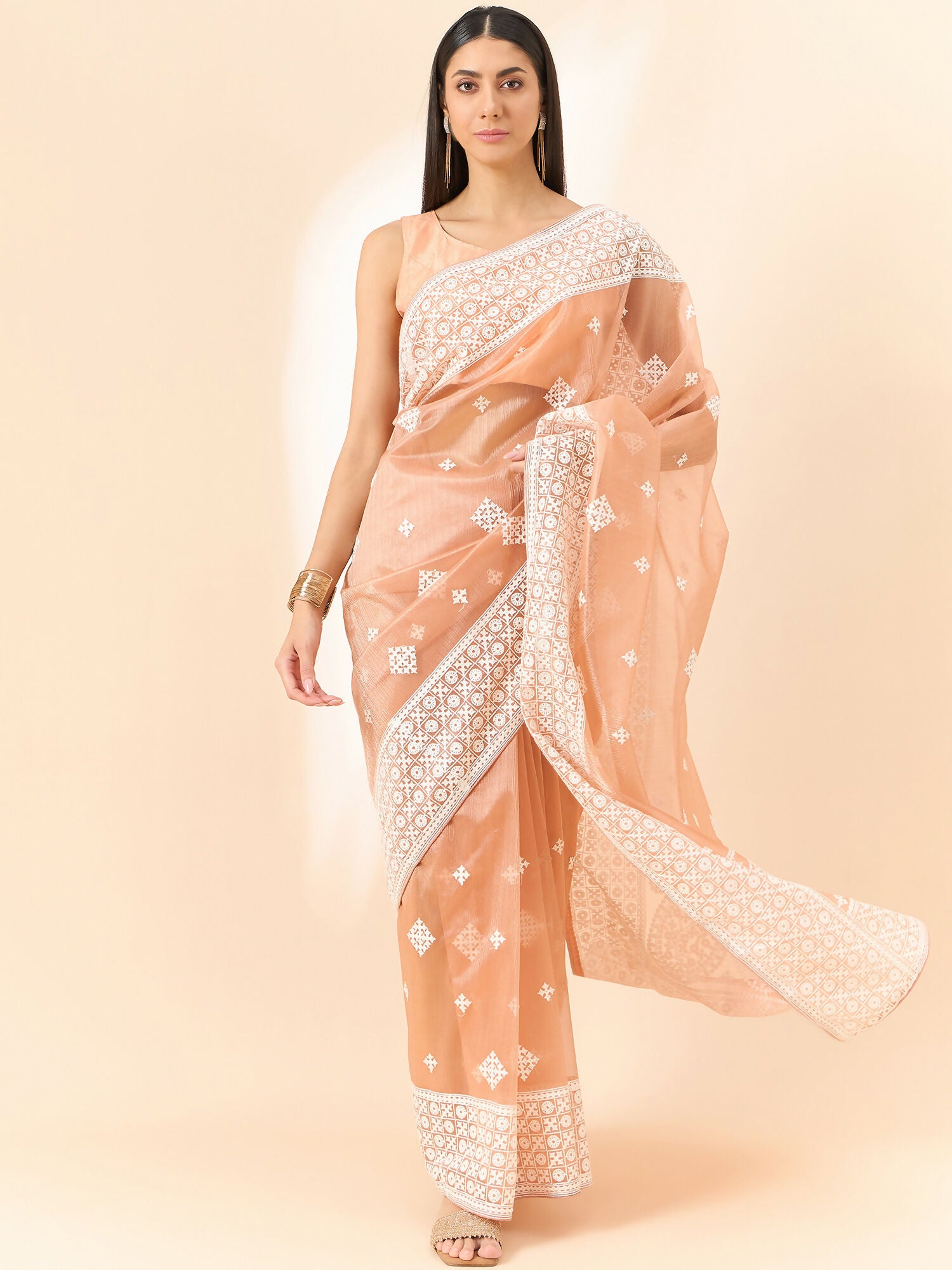 Peach Organza Geometric Embroidered Saree with Unstitched Blouse Piece - Roozal - Distacart