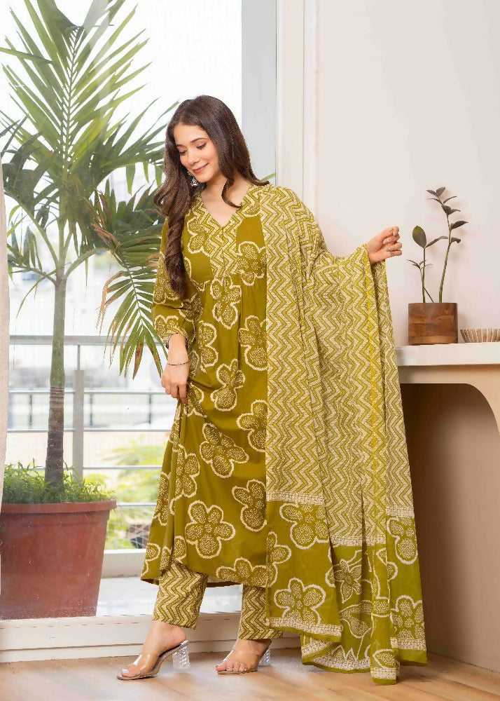 Jaimini Women Cotton Printed V-Neck 3/4 Sleeves Calf Length Flared Kurta Pant And Dupatta Set - Dista