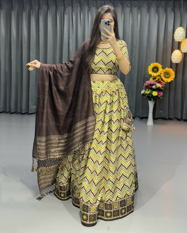Preksha Creation Indian Traditional Touch Up For Wedding Cotton Fabric With Zigzag Print And Foil Work Women Lehenga Choli - Brown - Distacart