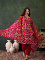Thumbnail for Sangria Printed V- Neck Kurta, Trouser & Dupatta Set