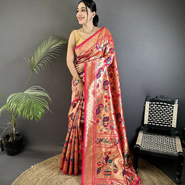 Joban Fashion Reddish Pink Peacocks Flowers & Leaves Soft Silk Paithani Saree - Distacart