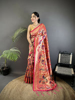 Thumbnail for Joban Fashion Reddish Pink Peacocks Flowers & Leaves Soft Silk Paithani Saree - Distacart
