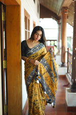 Thumbnail for Arfa Fashion House Mustered Combination Pure Chanderi Cotton Batik Printed Saree - Distacart