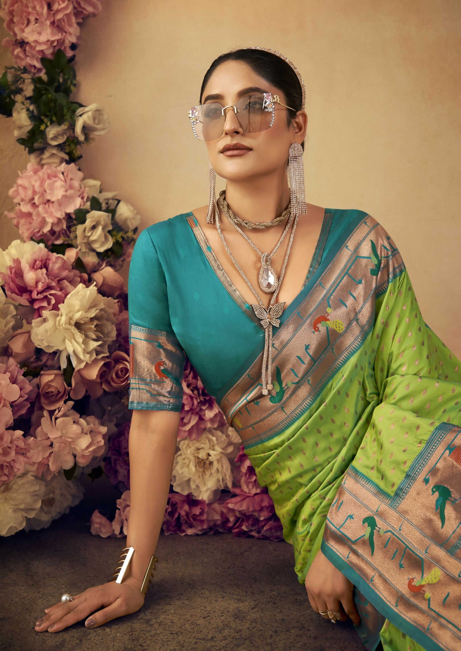 Vishnu Weaves Women's Pista Paithani Silk Saree with Blouse - Distacart