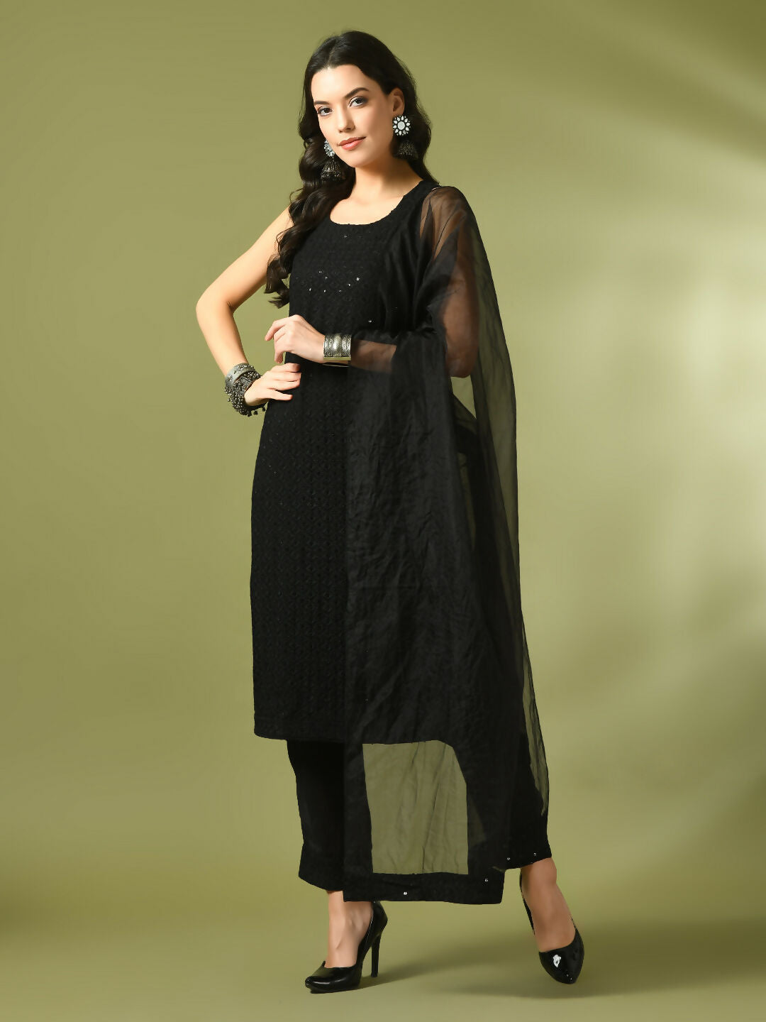 Myshka Women's Black Embroidered Cotton Straight Party Kurta Set With Dupatta - Distacart