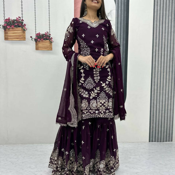 Teeya Creation Womens New Heavy Fox Georgette Fabric With Heavy Embroidery Work Wine Kurta Set - Dista