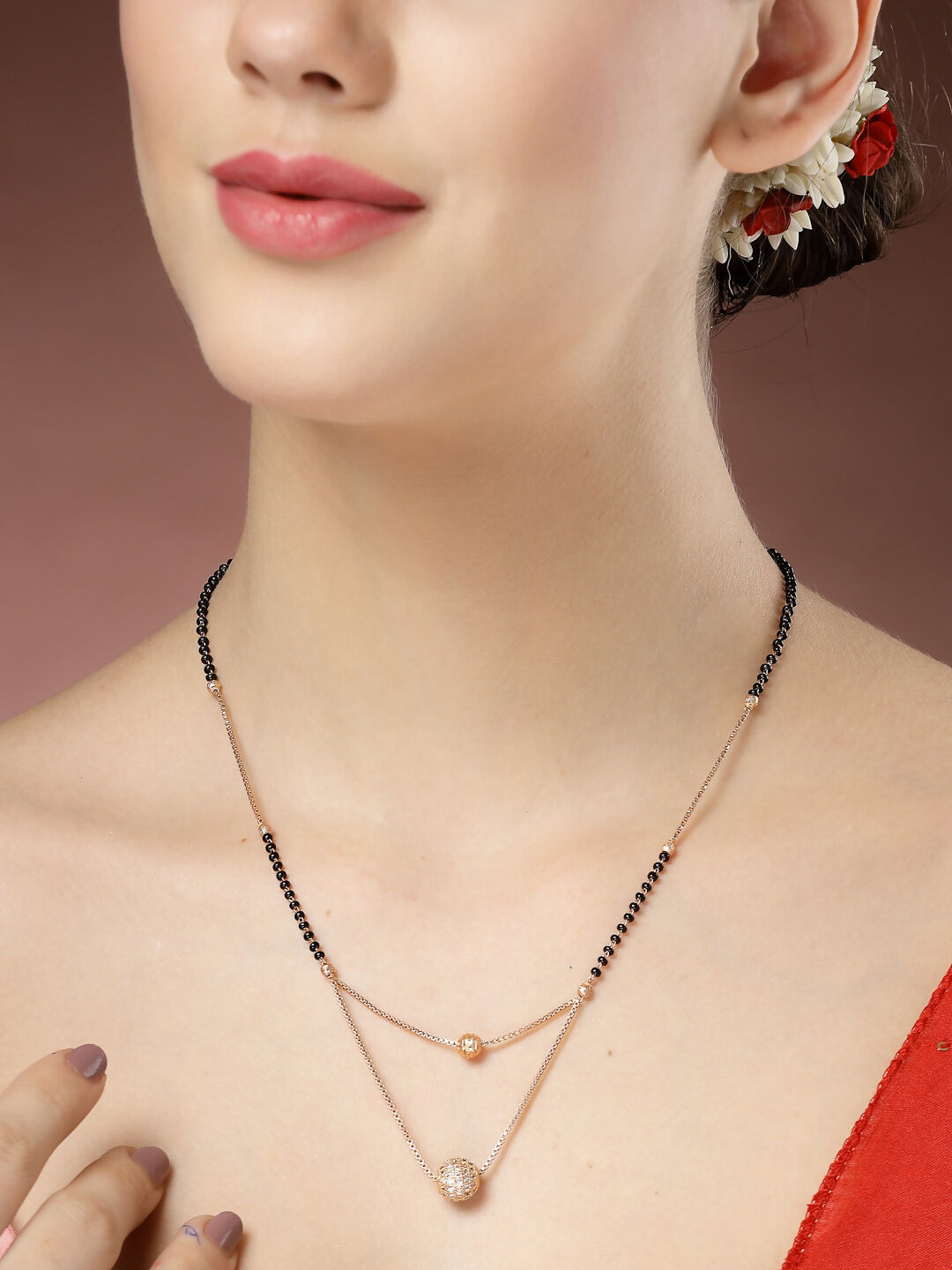 NVR Women's Rose Gold CZ Stone-Studded & Beaded Layered Mangalsutra - Distacart