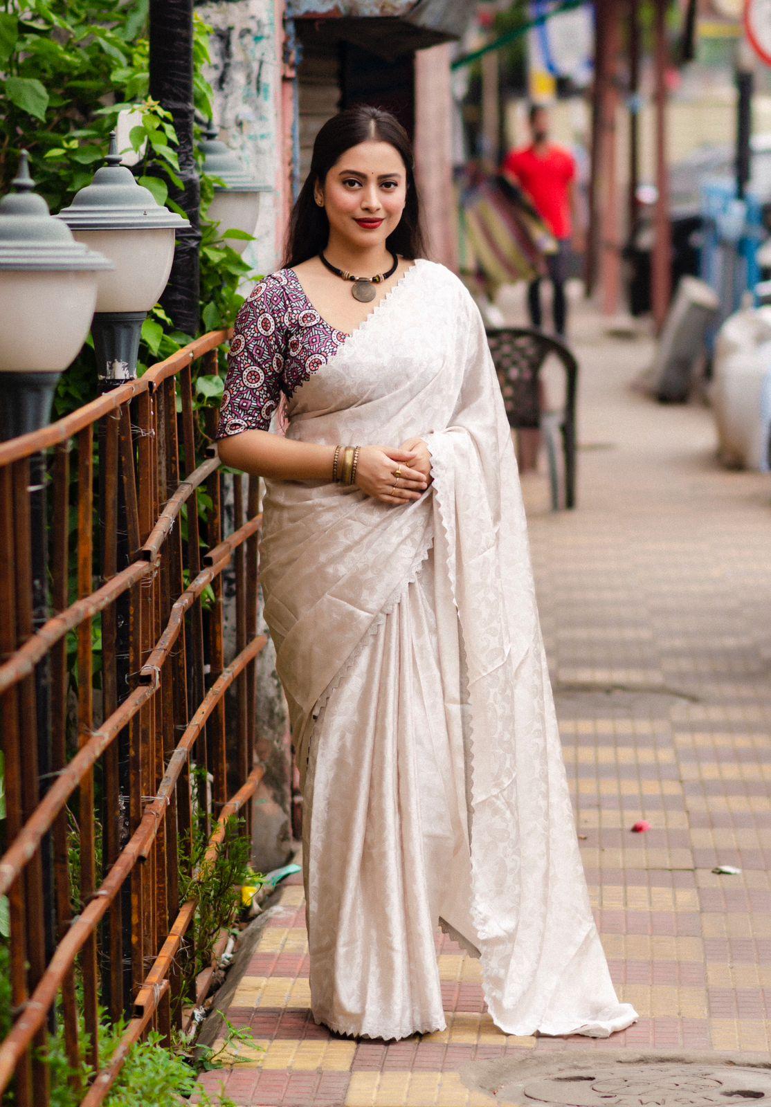 Grey Poly Silk Ethnic Motifs Saree with Unstitched Blouse - A2M - Distacart