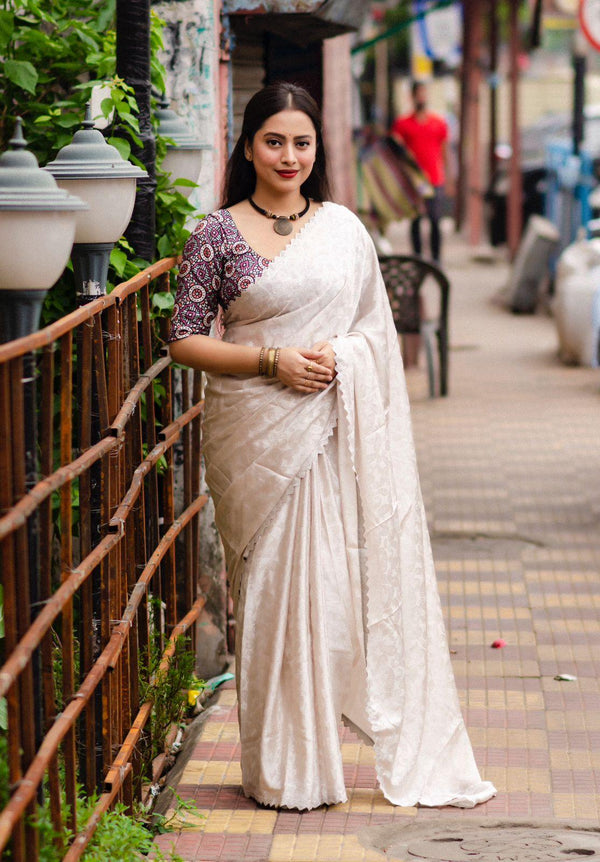 Grey Poly Silk Ethnic Motifs Saree with Unstitched Blouse - Hiral Fashion - Distacart