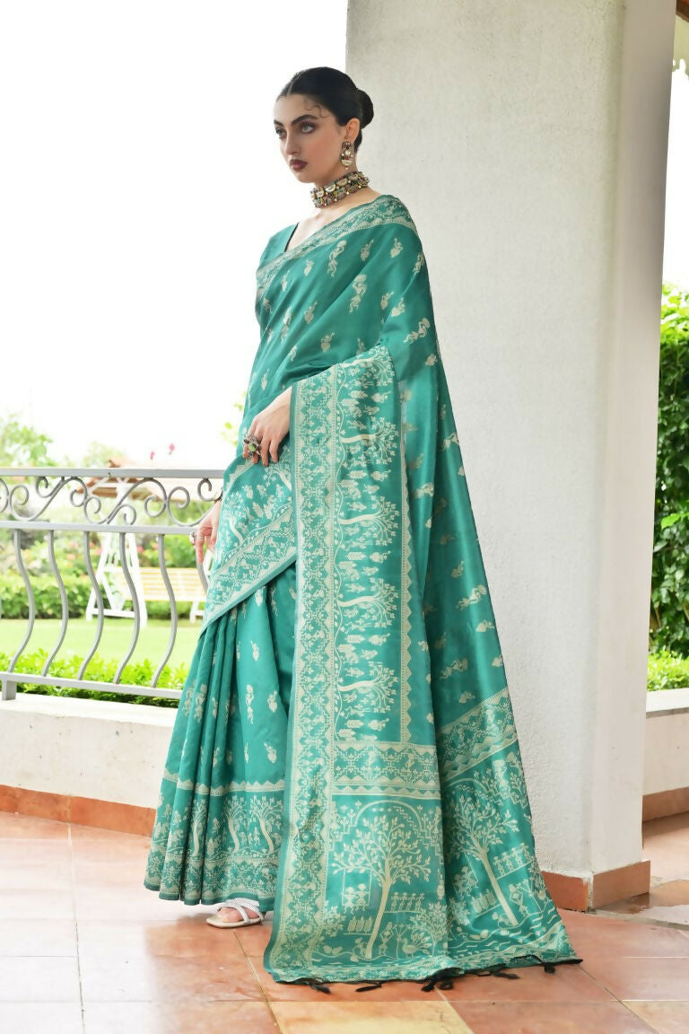 Vishnu Weaves Women's Rama Handloom Raw Silk Thread Weaving Saree with Blouse