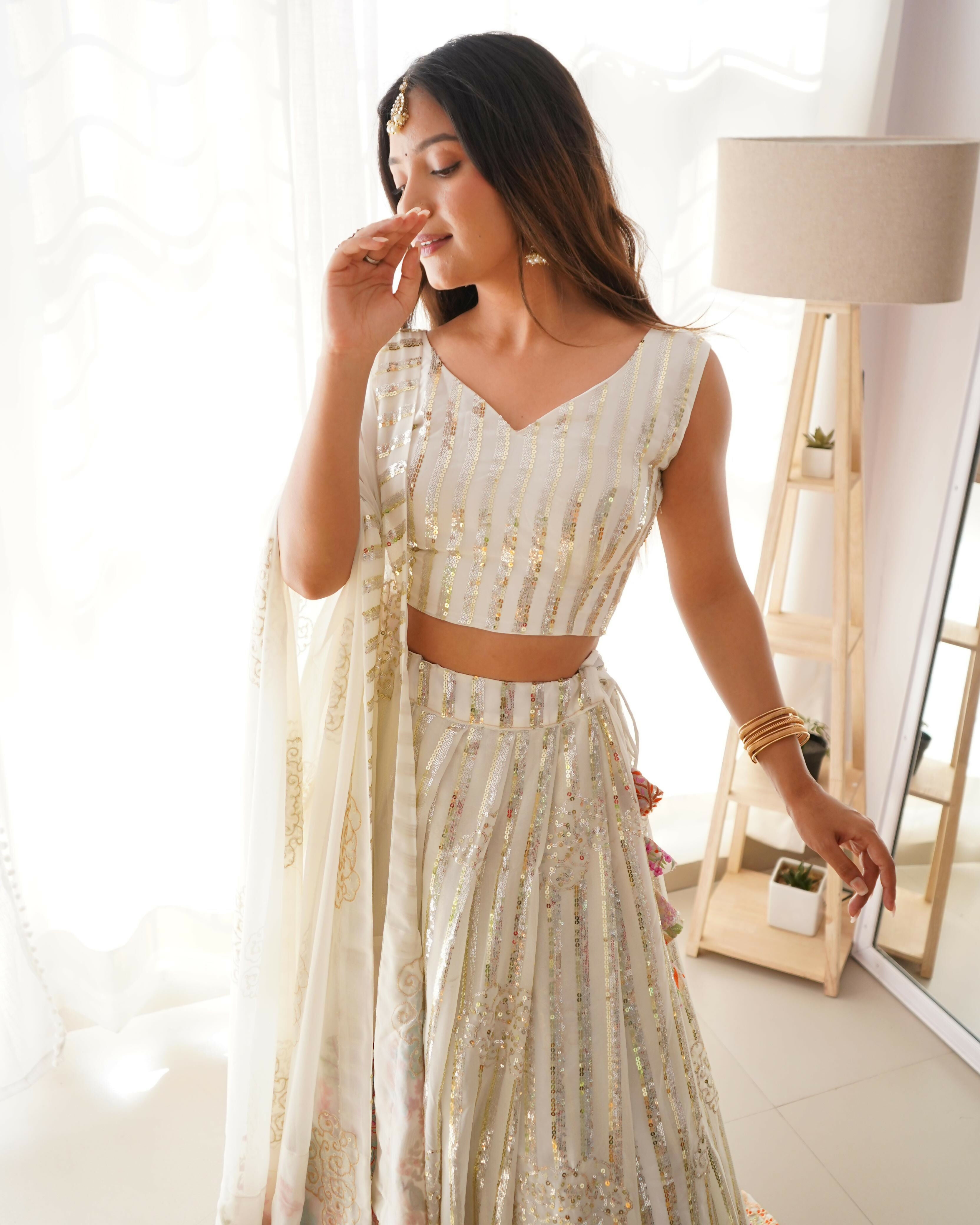 Joban Fashion white Lehenga Georgette Sequins and Thread Work