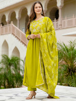 Thumbnail for The52 Liril Women's Beautiful Embroidered work Chinon Fabric with Flared Kurta, Pant and Dupatta Set - Distacart