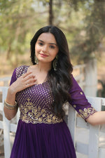 Thumbnail for Aastha Fashion Women's Purple Faux Blooming Embroidery Zari Sequins-work Gown - Distacart