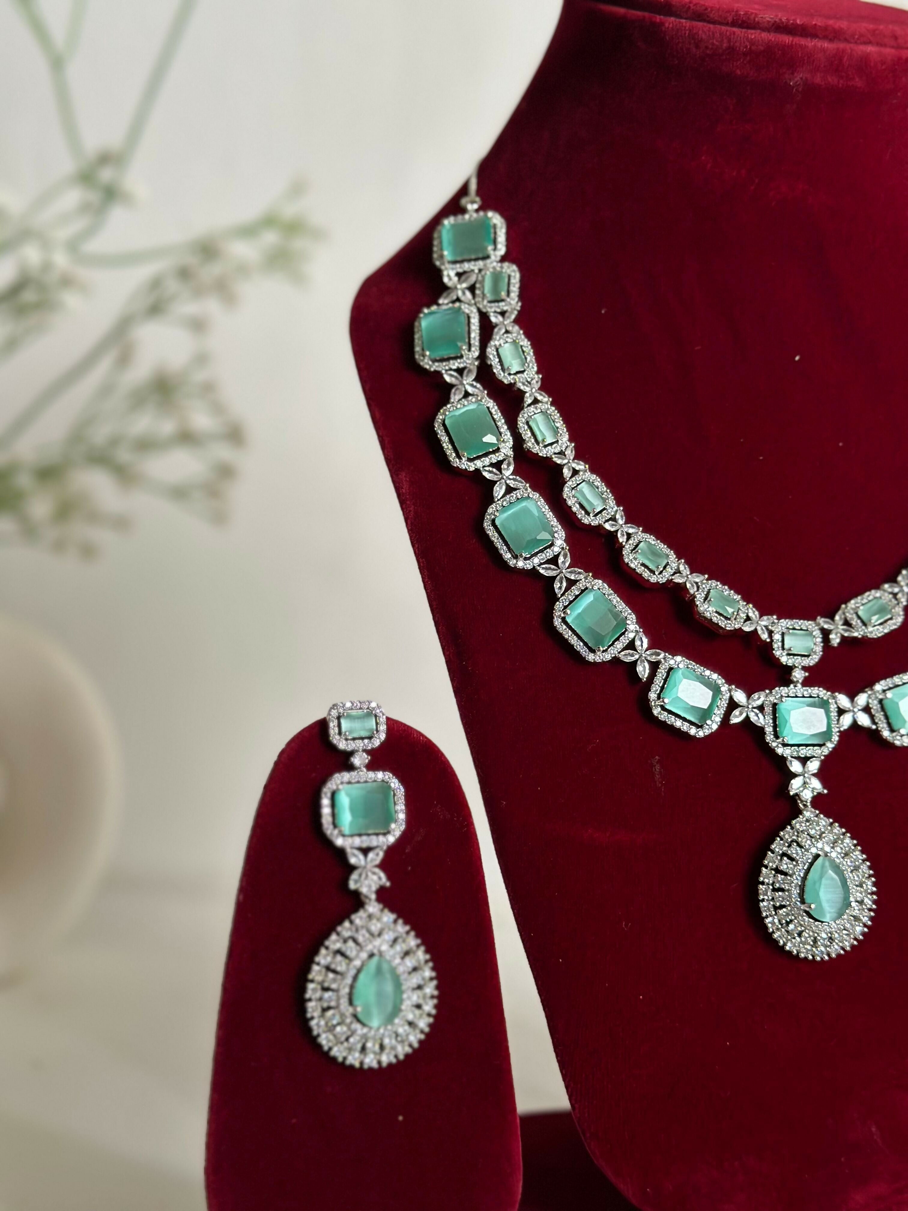 Mint Green American Diamond Two Layer Elegent Necklace Set With Earrings By House of Ree - Distacart