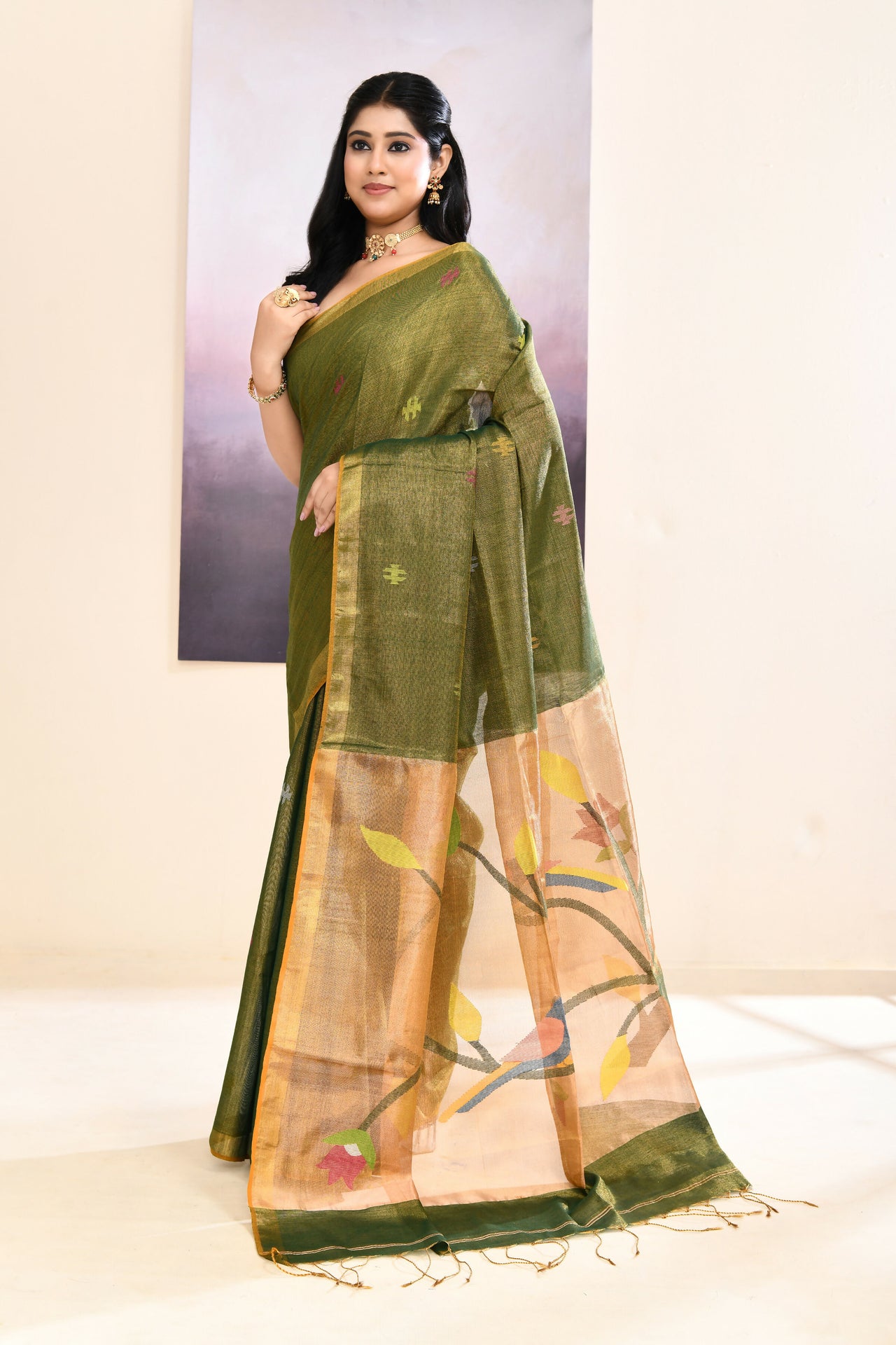 Piyari Fashion Women's Moss Green Embellished Tissue Jamdani Saree - Dista