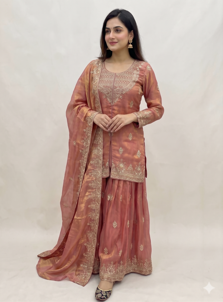 Teeya Creation Womens New Traditional Peach Heavy Work Ethnic Ensemble Lehenga Set - Dista