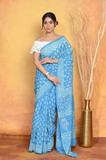 Thumbnail for Very Much Indian Handblock Printed Cotton Saree With Natural Dyes - Sky Blue - Distacart