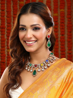 Thumbnail for Ruby Raang Gold Polished Kundan Work Multi-Color Maharani Kundan And Stonework Necklace With Earrings