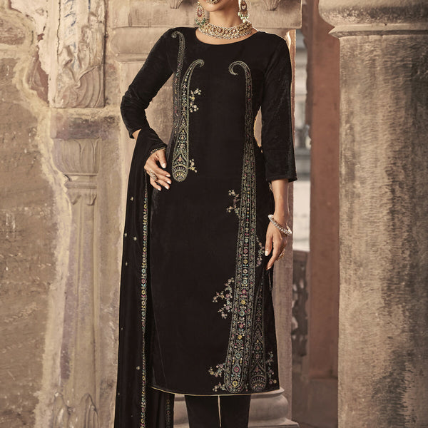 Jyoti Fashion Women's Brown Velvet Floral Resham Thread with Jari work Kurta with Trouser & Dupatta - Distacart