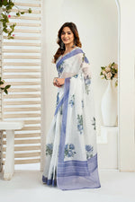 Thumbnail for Vastranavya Blue Digital Printed Linen Ready To Wear Designer Saree with Unstitched Blouse - Distacart