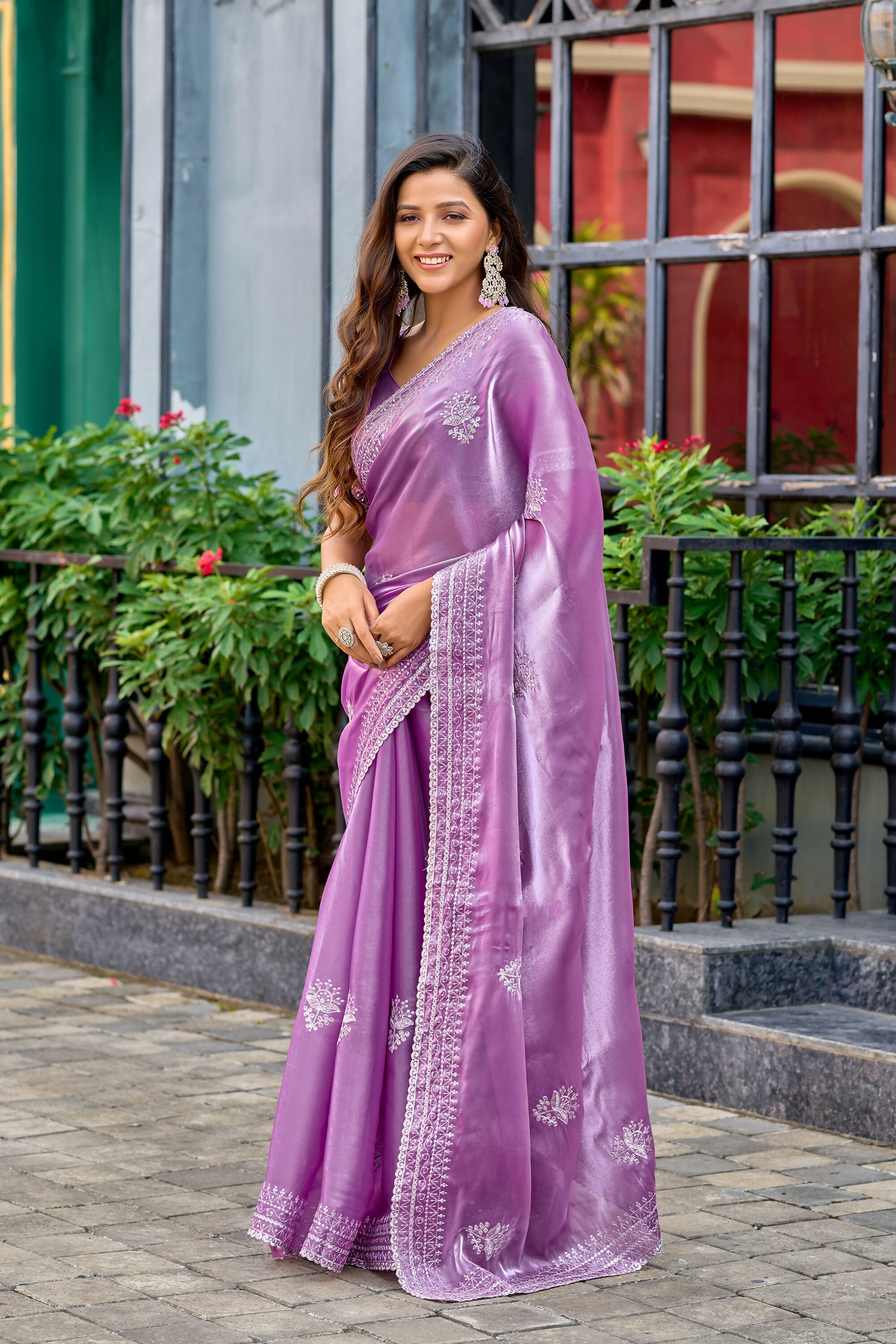Vastranavya Lavender Embroidery Work Shimmer Chiffon Saree with Unstitched Blouse