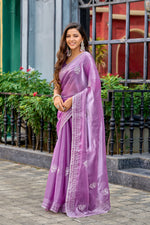 Thumbnail for Vastranavya Lavender Embroidery Work Shimmer Chiffon Saree with Unstitched Blouse