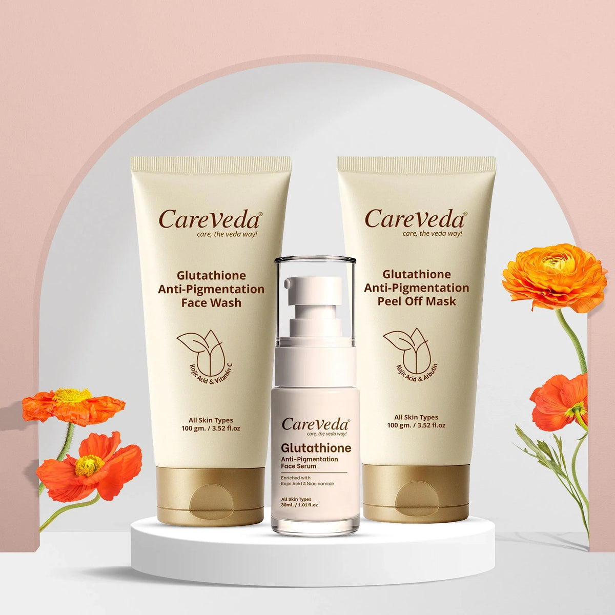 CareVeda Glutathione Skin Care Set of 3 | Face Wash & Peel off Mask, Face Serum for Bright, Even-Toned Skin | Anti-Pigmentation & Glow Boost | For Men & Women - Dista