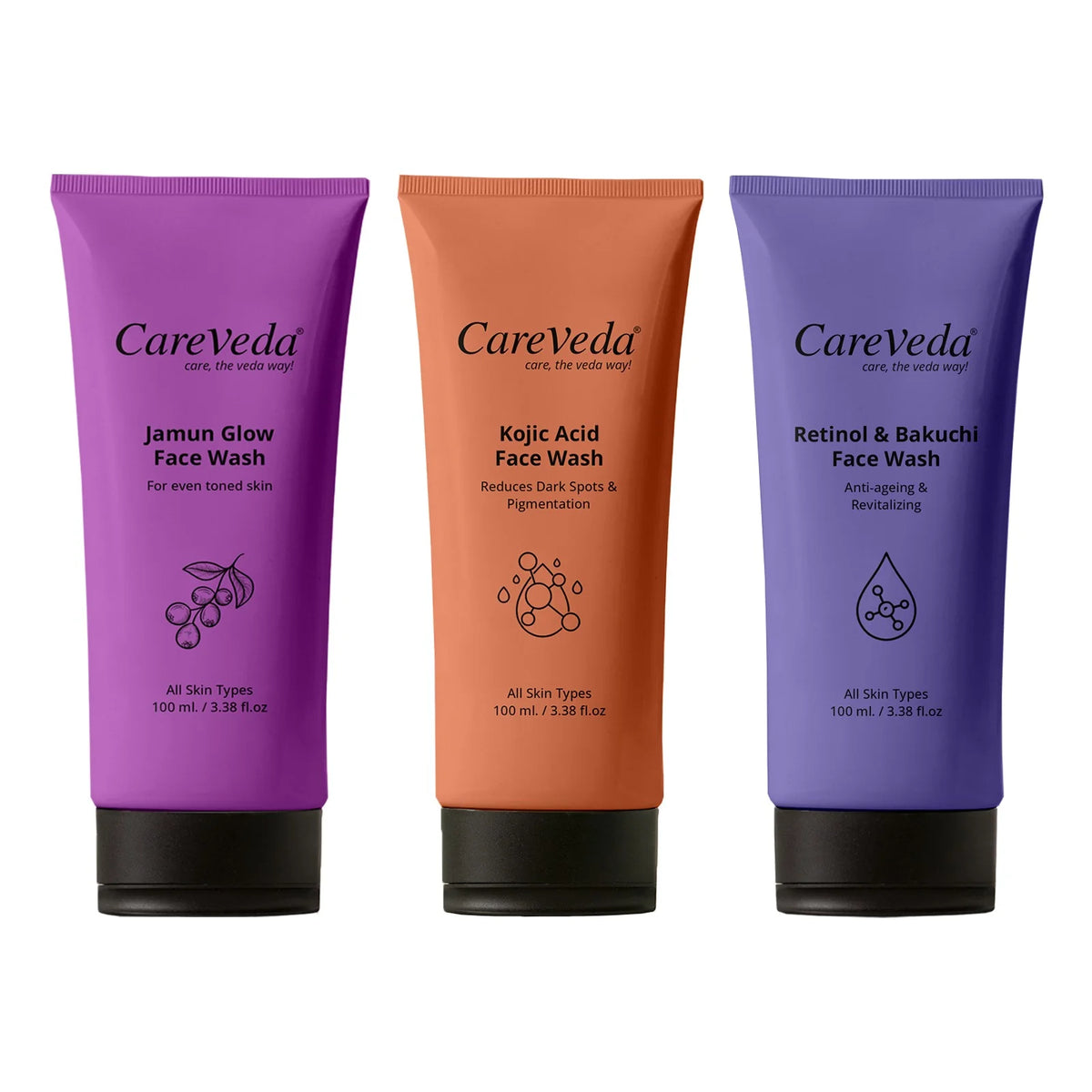CareVeda Skin Radiance Combo – Jamun Glow, Kojic Acid, Retinol & Bakuchi Face Wash (Set of 3) - Dista