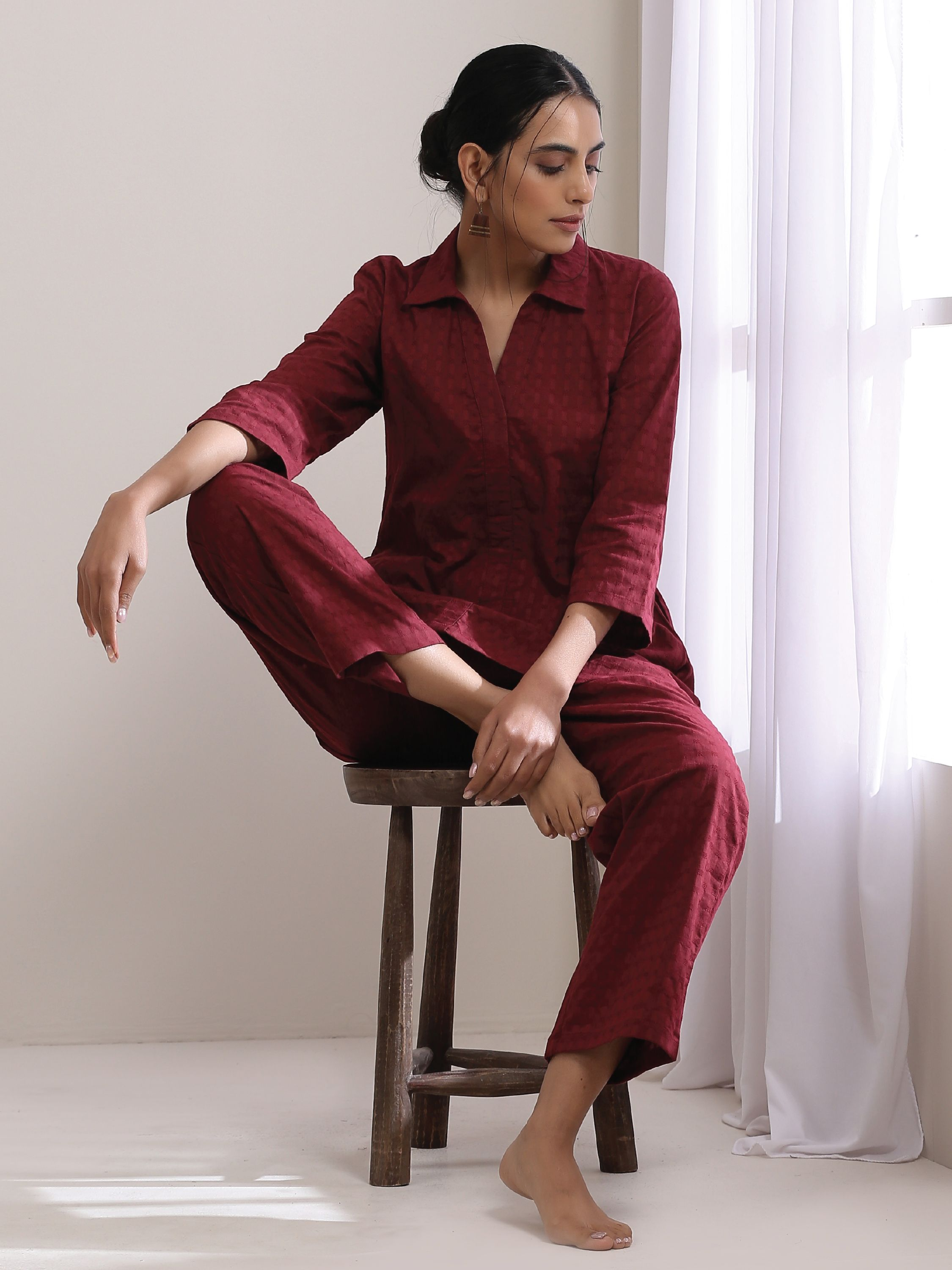 trueBrowns Ruby Wine Dobby Collar Short Co-Ord Set - Distacart