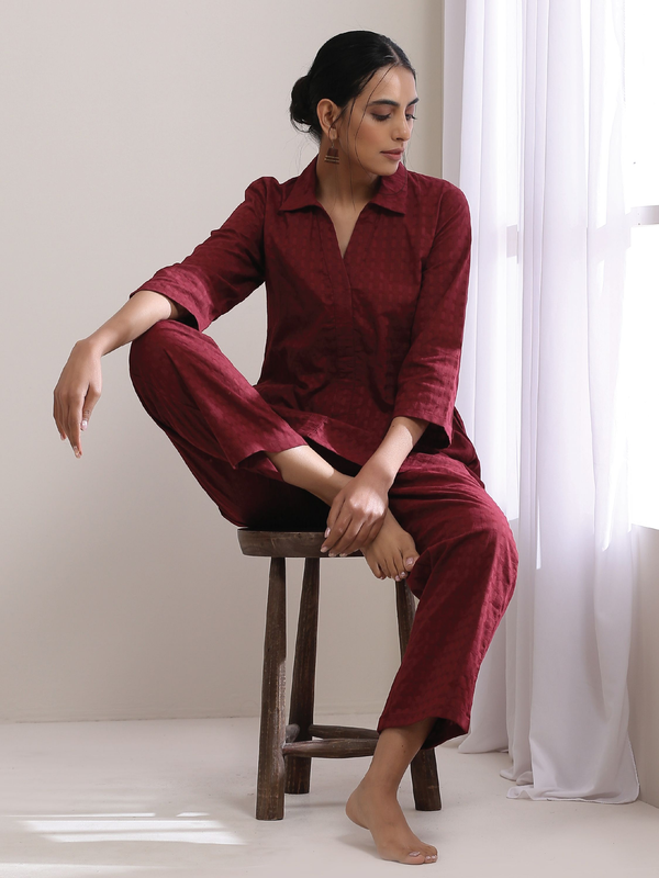 trueBrowns Ruby Wine Dobby Collar Short Co-Ord Set - Distacart
