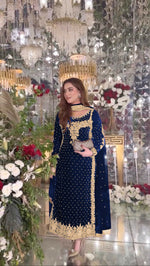 Thumbnail for Joban Fashion Blue Velvet Sequence Embroidery Work Kurta Set