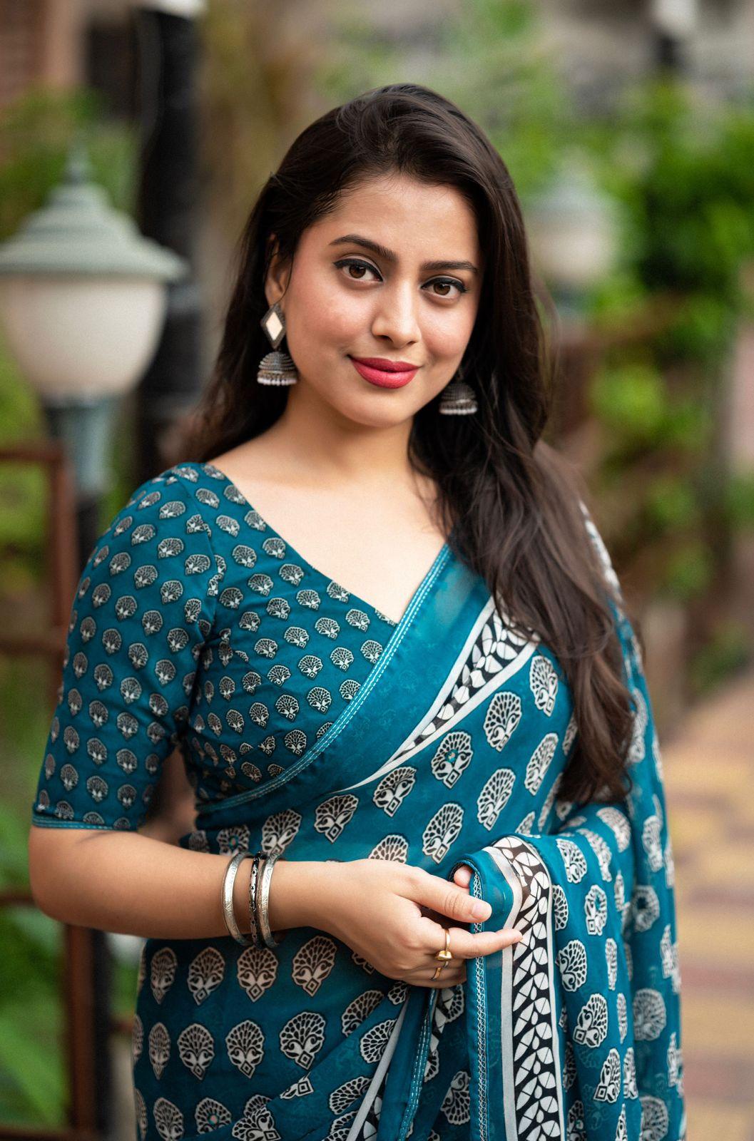 Rama Poly Georgette Ajrak Saree with Unstitched Blouse - A2M - Distacart